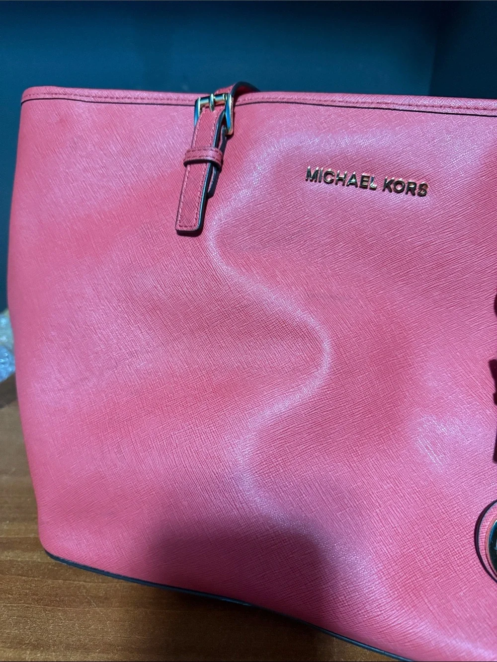 Michael Kors Coral Pink Saffiano Leather Tote with MK Charm